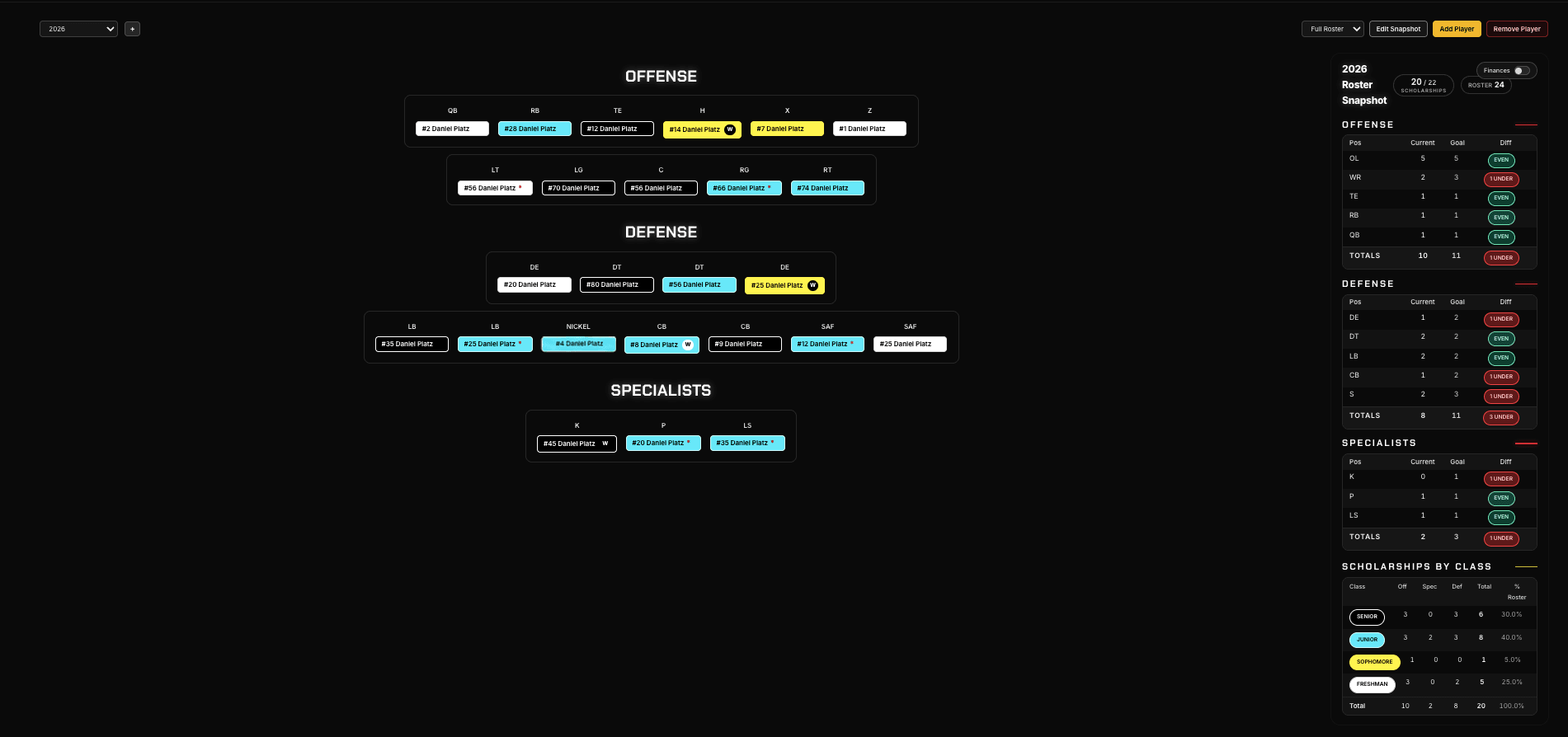 Full UCruit Roster Management screen with depth chart and roster snapshot