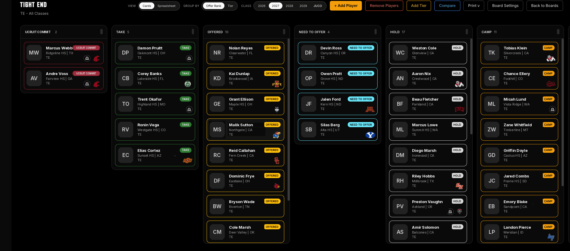 UCruit recruiting board with prospects sorted into tiers by column