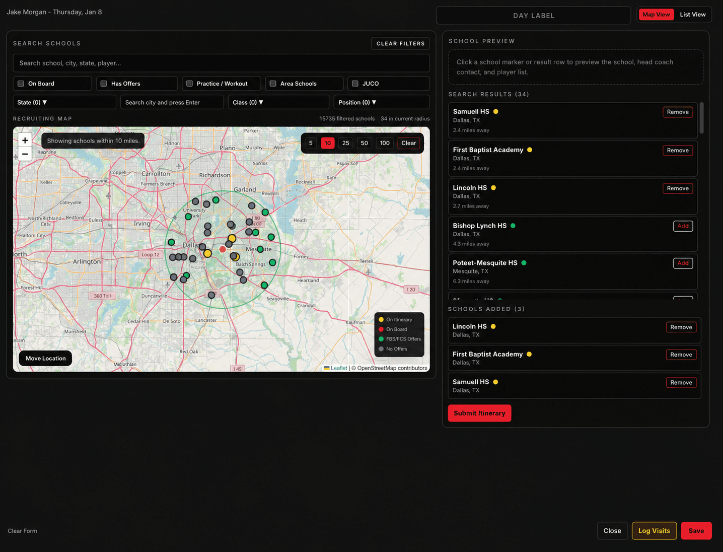 Build the route on a live recruiting map mockup with fictional recruiting contacts