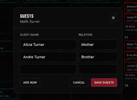 Know who is coming with them mockup with fictional recruiting data