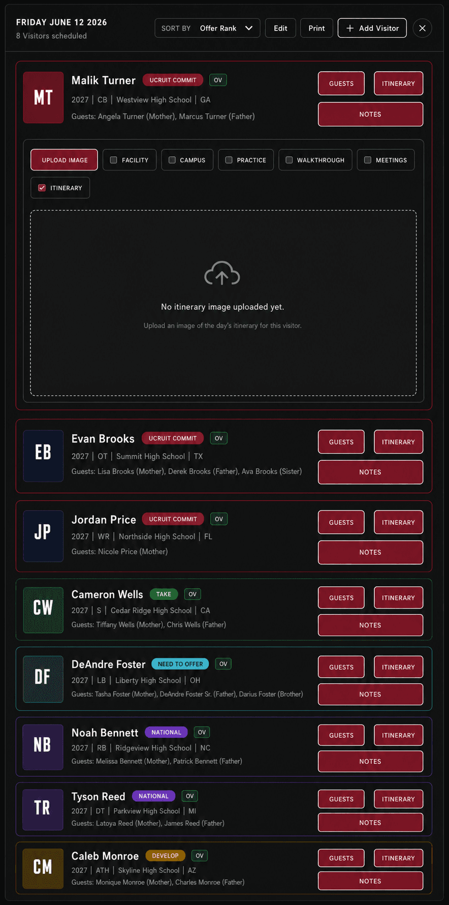 Easy to access itinerary mockup with fictional recruiting data