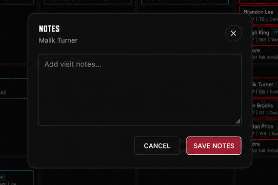 Visit Notes mockup with fictional recruiting data